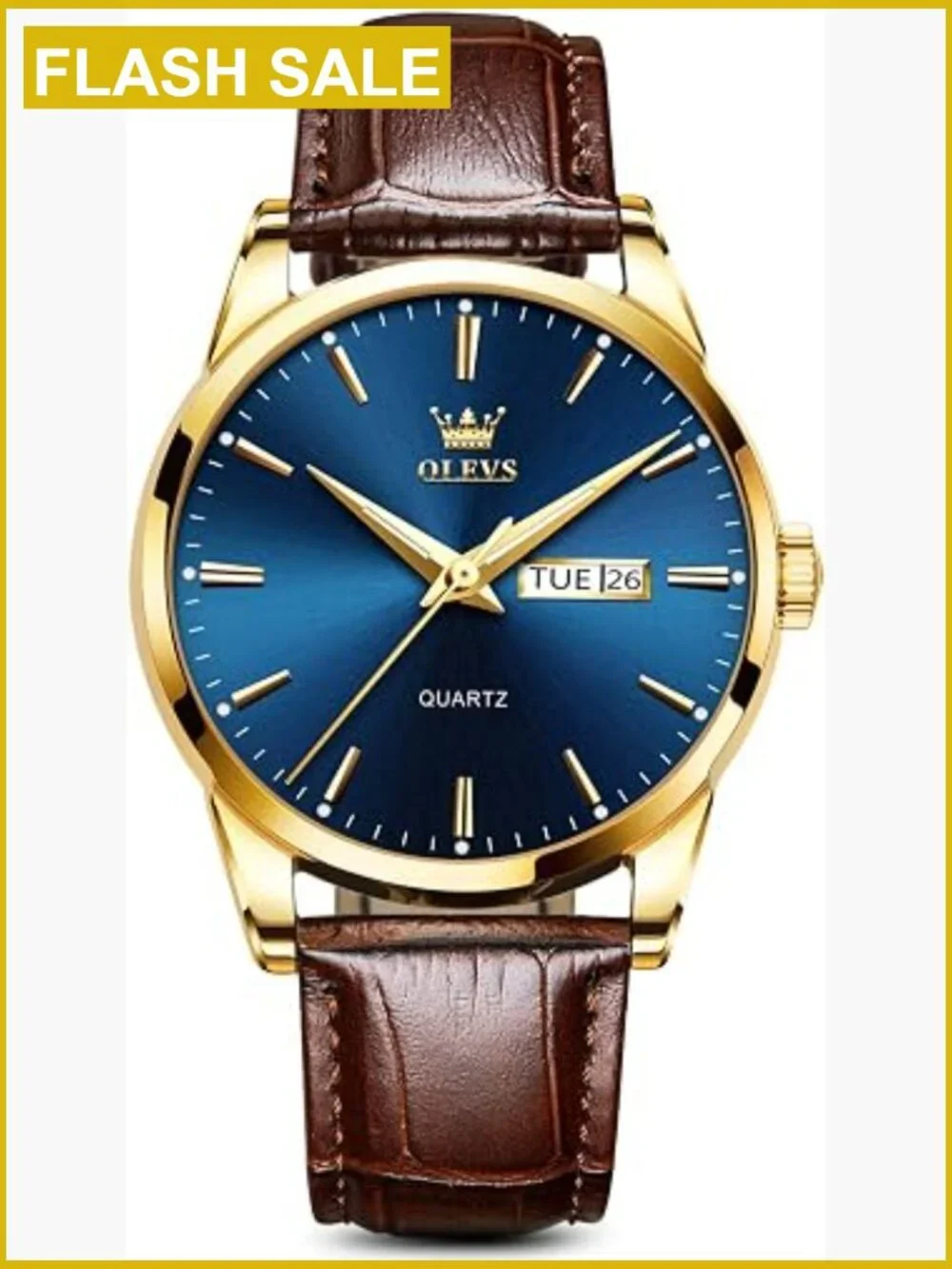 Mens Dress Watch Brown Leather Band Quartz Waterproof Gold Case 38MM Day Date